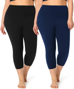 2 Pack Plus Size Capri Leggings for Curvy Women -1X-4X High Waisted Tummy Control&Soft Yoga Workout Gym Tights Pants
