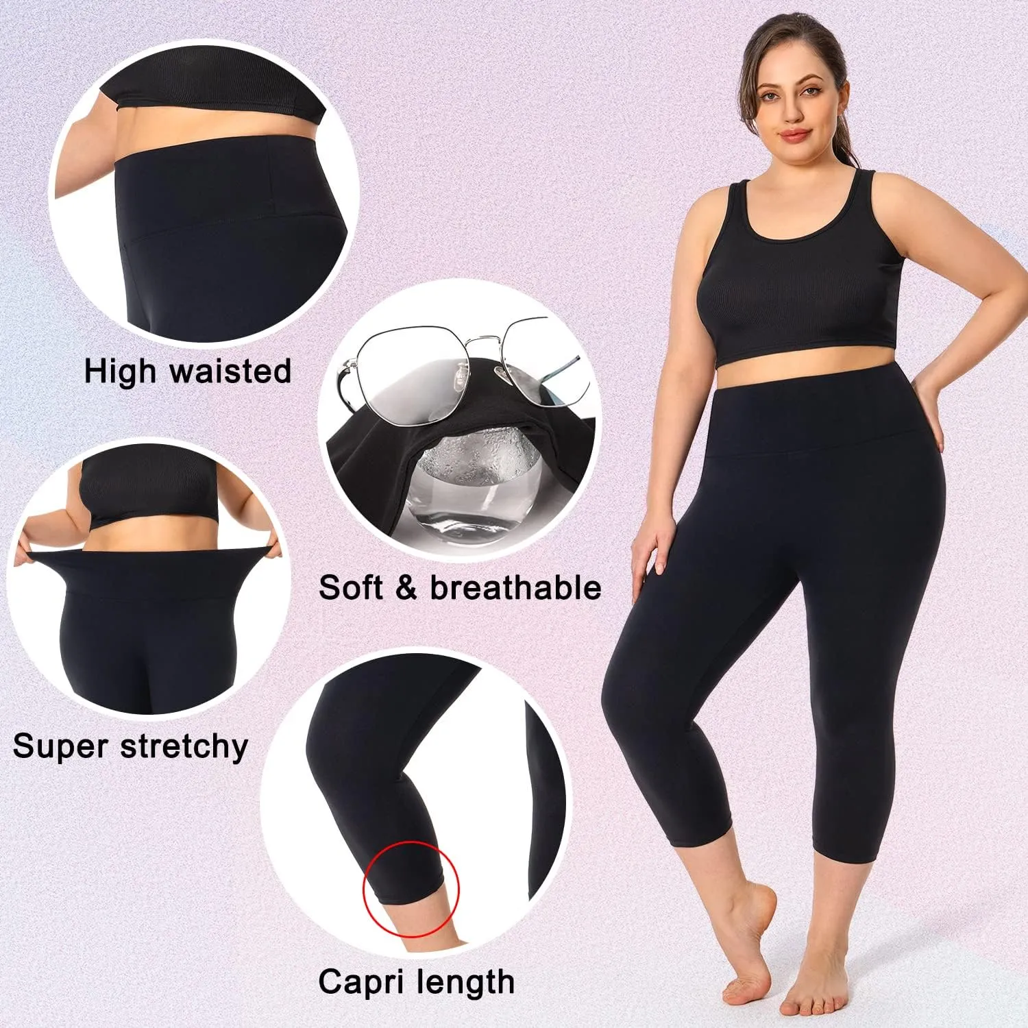 2 Pack Plus Size Capri Leggings for Curvy Women -1X-4X High Waisted Tummy Control&Soft Yoga Workout Gym Tights Pants