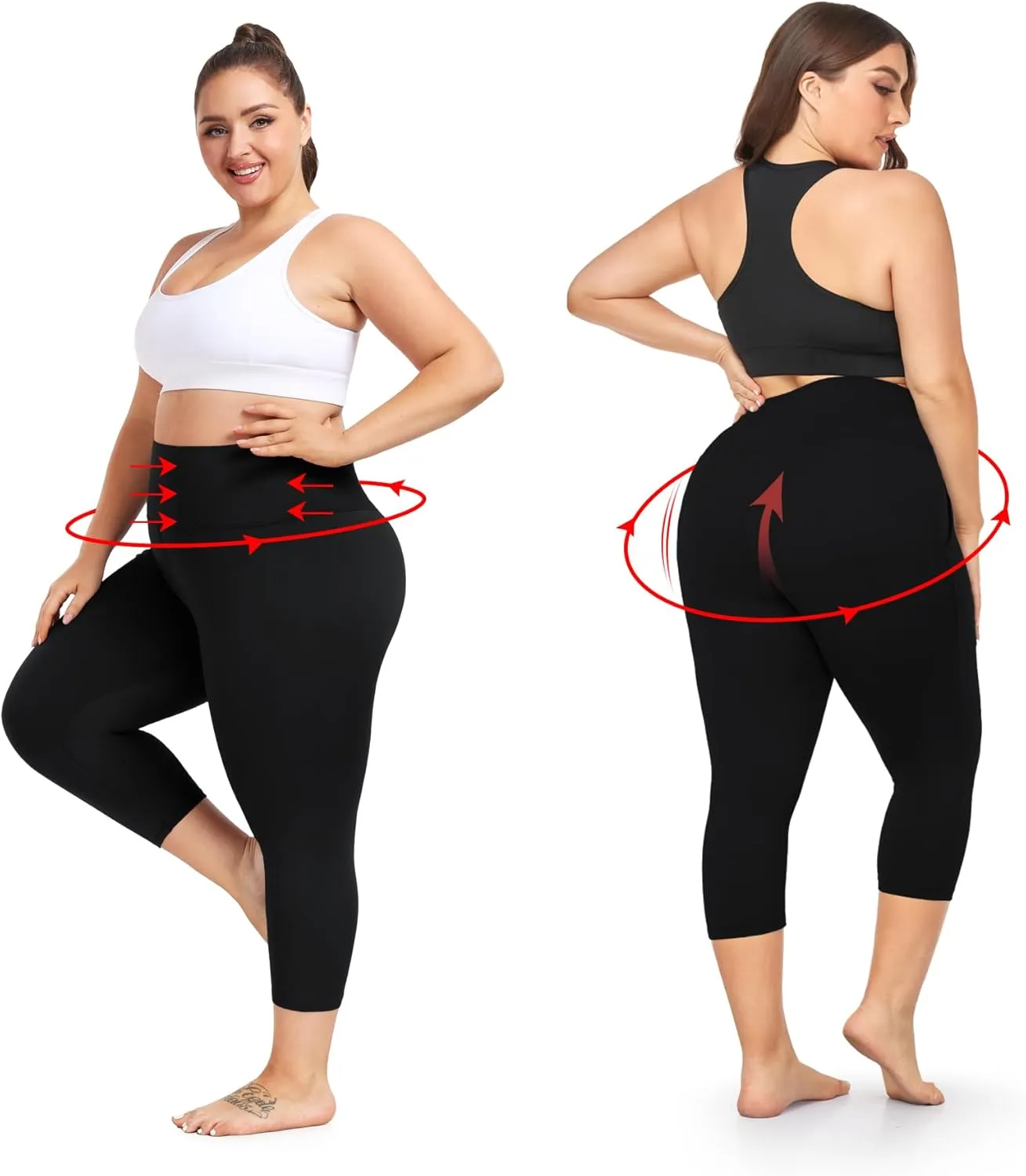 2 Pack Plus Size Capri Leggings for Curvy Women -1X-4X High Waisted Tummy Control&Soft Yoga Workout Gym Tights Pants