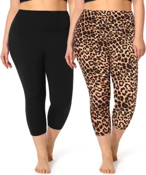 2 Pack Plus Size Capri Leggings for Curvy Women -1X-4X High Waisted Tummy Control&Soft Yoga Workout Gym Tights Pants