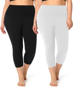 2 Pack Plus Size Capri Leggings for Curvy Women -1X-4X High Waisted Tummy Control&Soft Yoga Workout Gym Tights Pants