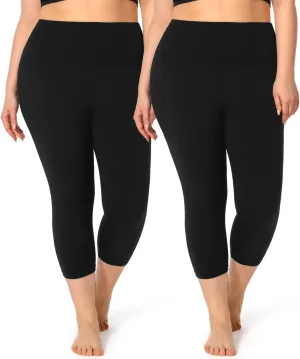 2 Pack Plus Size Capri Leggings for Curvy Women -1X-4X High Waisted Tummy Control&Soft Yoga Workout Gym Tights Pants