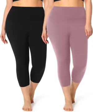 2 Pack Plus Size Capri Leggings for Curvy Women -1X-4X High Waisted Tummy Control&Soft Yoga Workout Gym Tights Pants