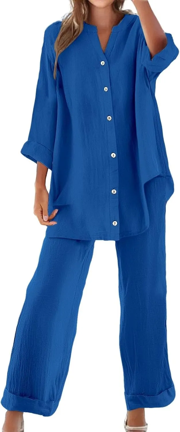 2 Piece Sets for Women 2025 Sleeve Shirt Tops Pockets Pants Shirt Trousers Set Casual Sweatsuits Short Sleeve Tracksuit