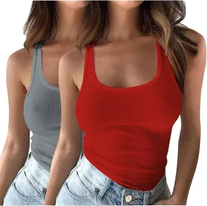 2PC Plus Size Tank Tops for Women Sexy Ribbed Workout Exercise Shirts Plus Size Slim Fit Sleeveless Basic Camis