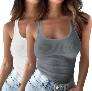2PC Plus Size Tank Tops for Women Sexy Ribbed Workout Exercise Shirts Plus Size Slim Fit Sleeveless Basic Camis