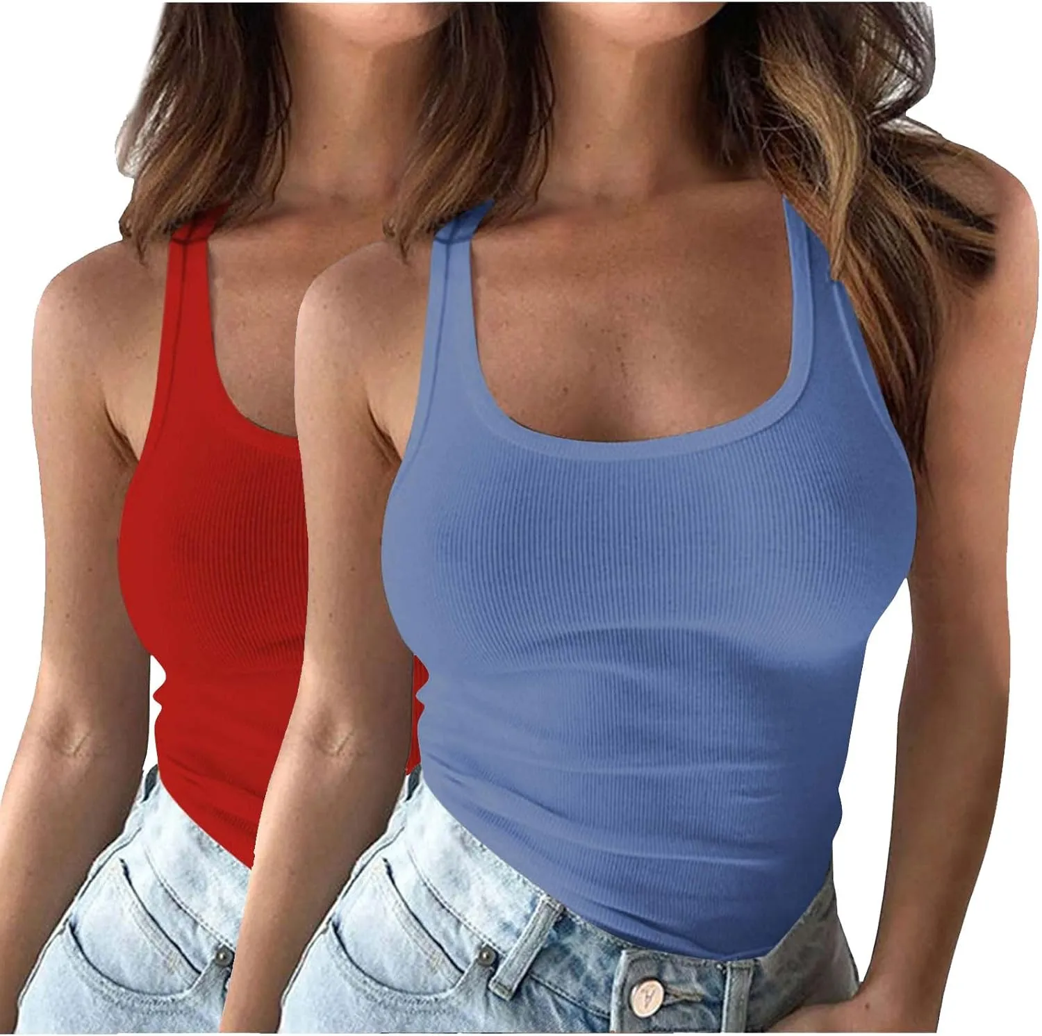 2PC Plus Size Tank Tops for Women Sexy Ribbed Workout Exercise Shirts Plus Size Slim Fit Sleeveless Basic Camis