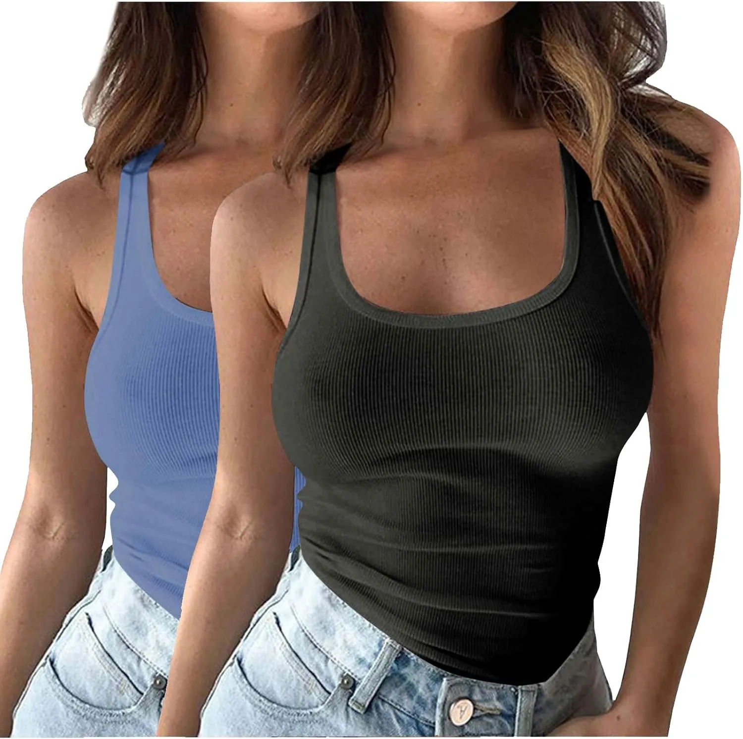 2PC Plus Size Tank Tops for Women Sexy Ribbed Workout Exercise Shirts Plus Size Slim Fit Sleeveless Basic Camis