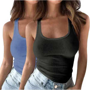 2PC Plus Size Tank Tops for Women Sexy Ribbed Workout Exercise Shirts Plus Size Slim Fit Sleeveless Basic Camis
