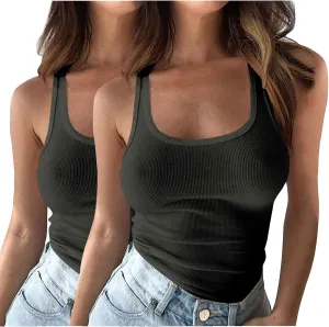 2PC Plus Size Tank Tops for Women Sexy Ribbed Workout Exercise Shirts Plus Size Slim Fit Sleeveless Basic Camis