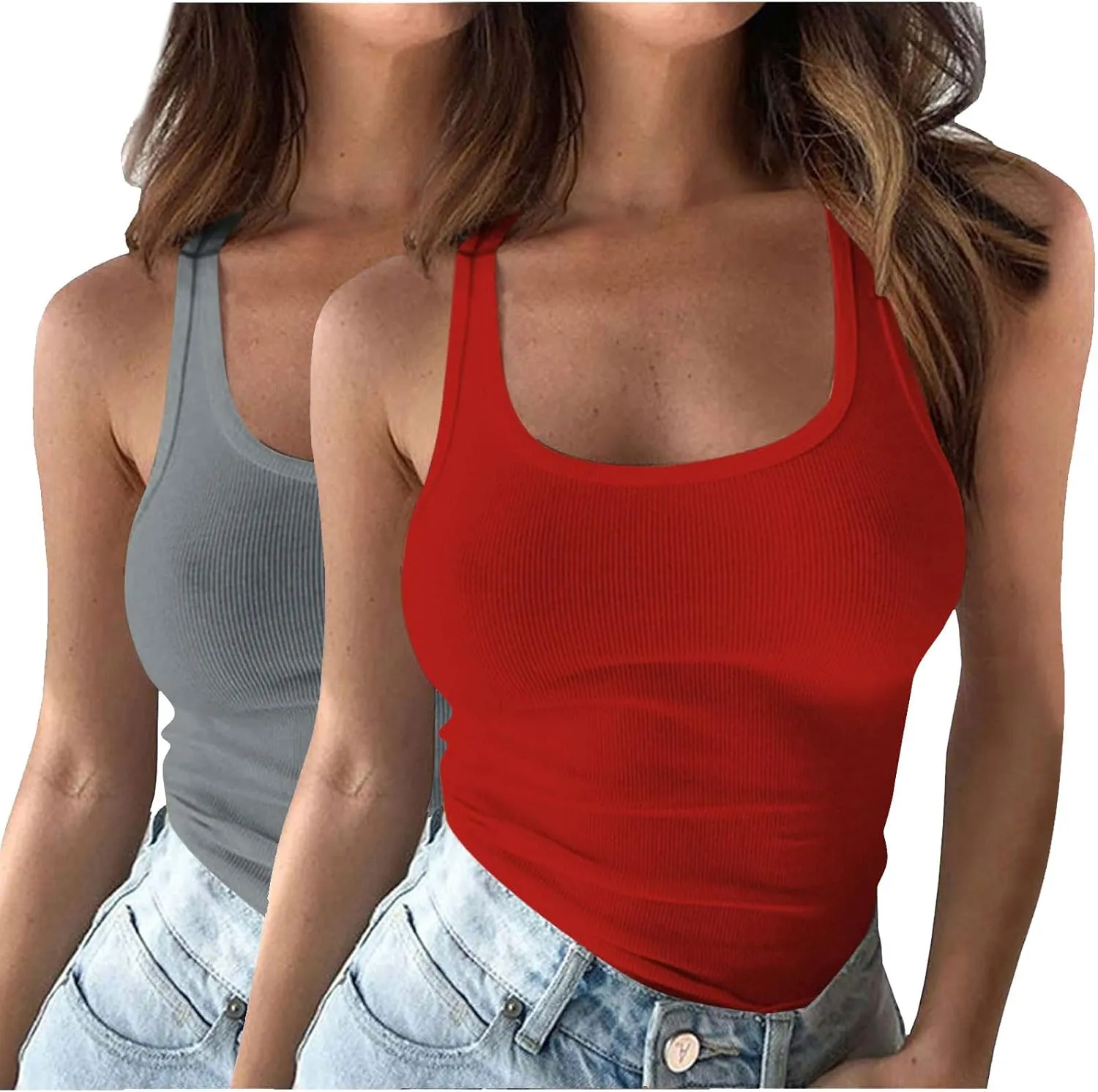 2PC Plus Size Tank Tops for Women Sexy Ribbed Workout Exercise Shirts Plus Size Slim Fit Sleeveless Basic Camis