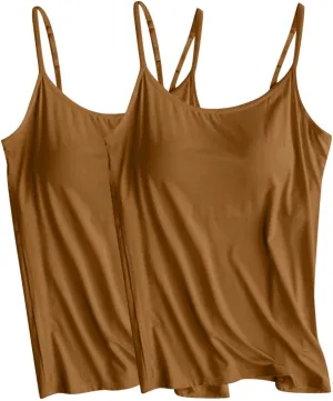 2Pcs Comfy Soft Camisoles Womens Built in Bra Yoga Pajamas Sleeveless Tank Tops Summer Modal Spaghetti Straps Camis