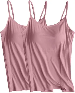 2Pcs Comfy Soft Camisoles Womens Built in Bra Yoga Pajamas Sleeveless Tank Tops Summer Modal Spaghetti Straps Camis