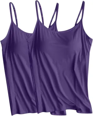 2Pcs Comfy Soft Camisoles Womens Built in Bra Yoga Pajamas Sleeveless Tank Tops Summer Modal Spaghetti Straps Camis