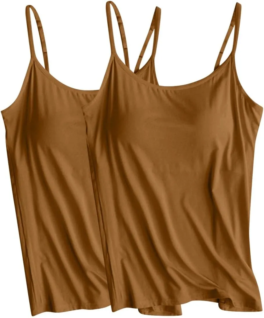 2Pcs Comfy Soft Camisoles Womens Built in Bra Yoga Pajamas Sleeveless Tank Tops Summer Modal Spaghetti Straps Camis