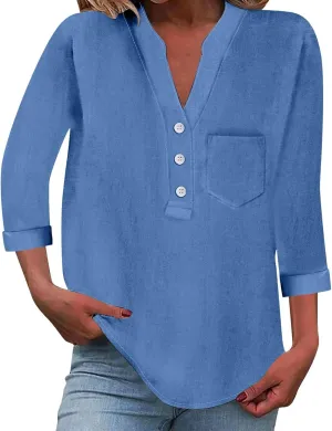 3/4 Sleeve Linen Tops for Women Loose Fit V Neck Button Down Henley Shirts Cute Summer Beach Tee Shirts with Pocket