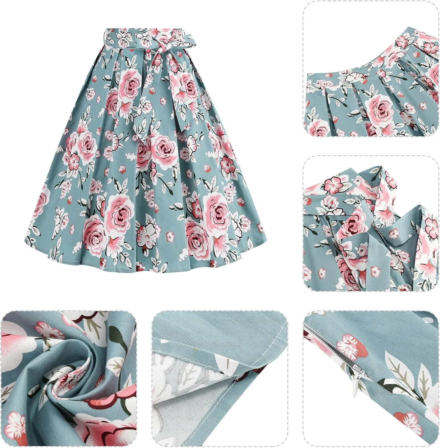 50s Style Skirts for Women Vintage High Waist Floral Print Belted Midi Swing Skirt