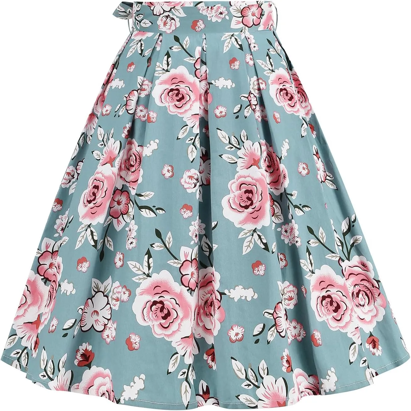 50s Style Skirts for Women Vintage High Waist Floral Print Belted Midi Swing Skirt