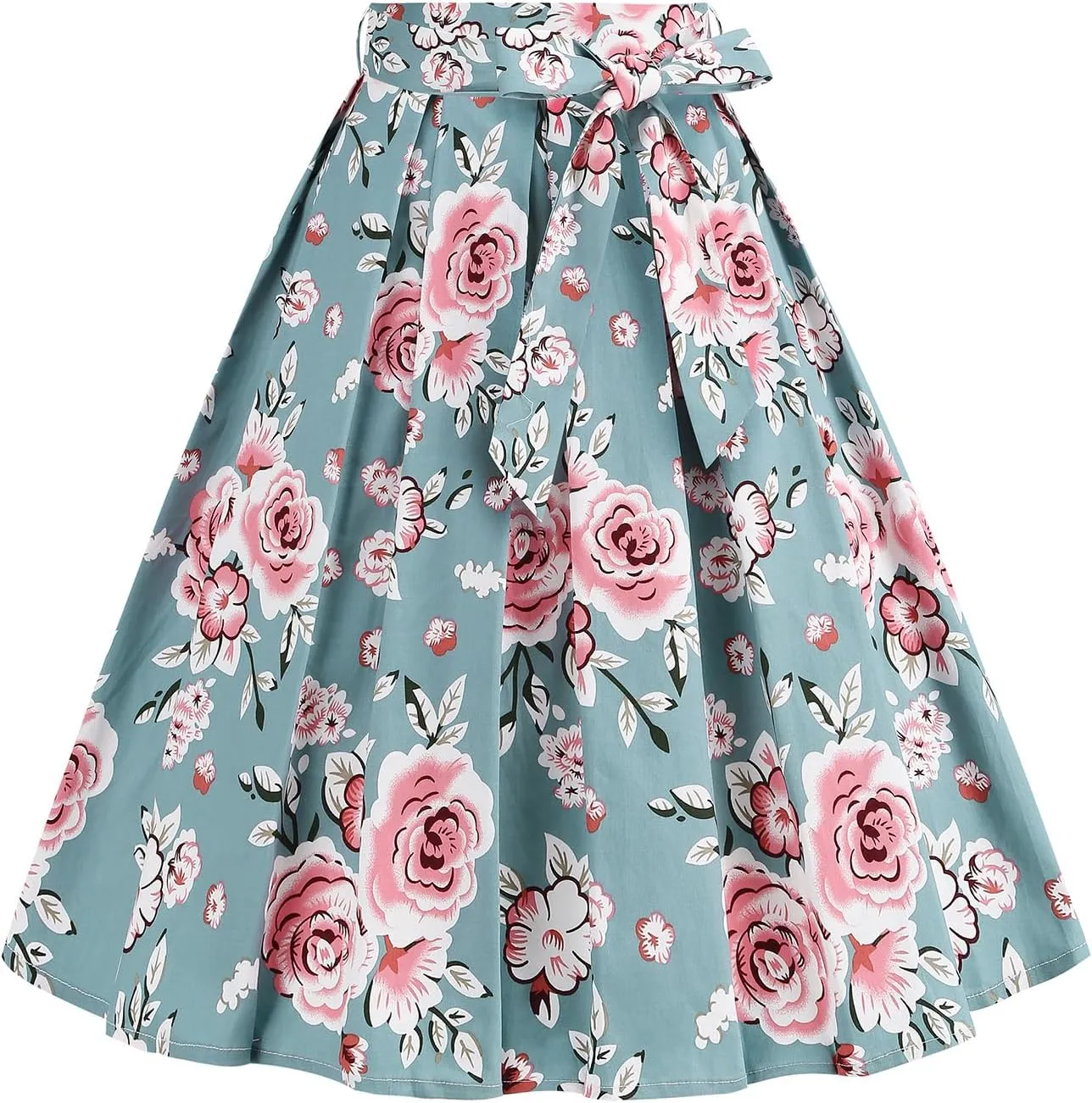 50s Style Skirts for Women Vintage High Waist Floral Print Belted Midi Swing Skirt
