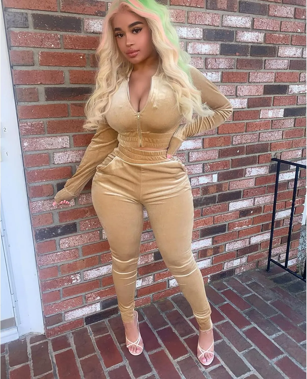 acelyn Womens Velvet Sweatsuit 2 Piece - Sexy V-Neck Zipper Crop Jacket Pockets Jogger Pants Tracksuit Outfits