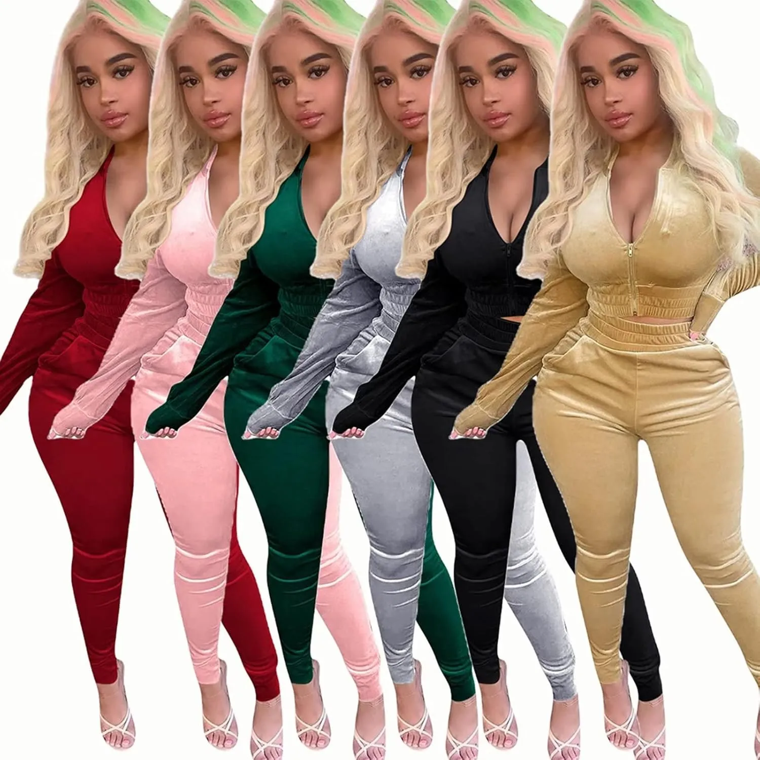 acelyn Womens Velvet Sweatsuit 2 Piece - Sexy V-Neck Zipper Crop Jacket Pockets Jogger Pants Tracksuit Outfits