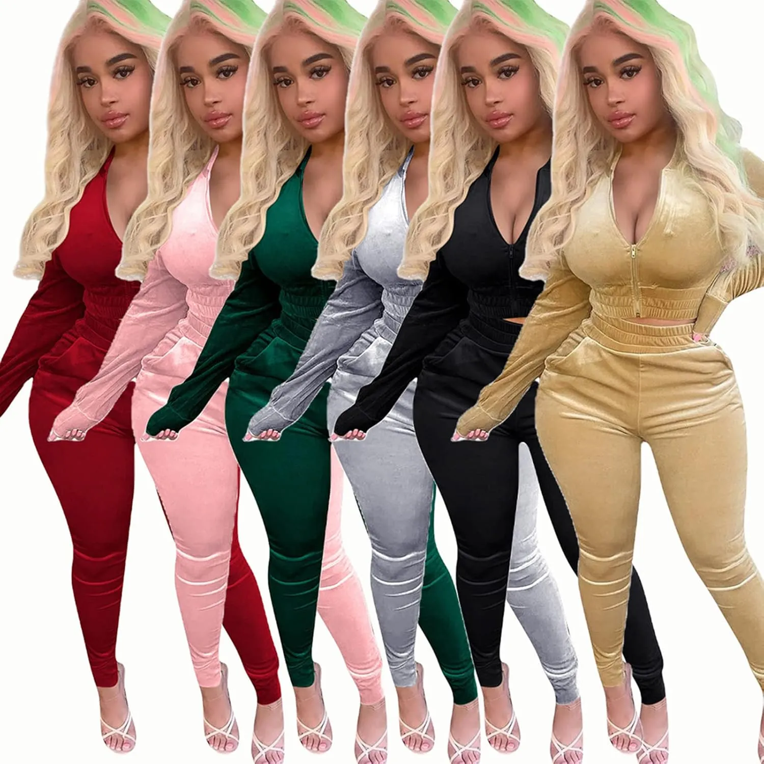 acelyn Womens Velvet Sweatsuit 2 Piece - Sexy V-Neck Zipper Crop Jacket Pockets Jogger Pants Tracksuit Outfits