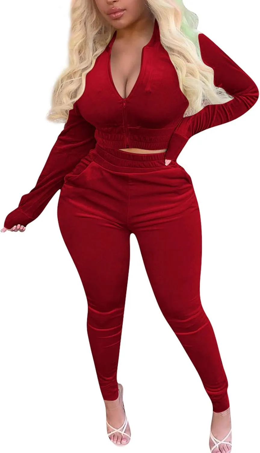 acelyn Womens Velvet Sweatsuit 2 Piece - Sexy V-Neck Zipper Crop Jacket Pockets Jogger Pants Tracksuit Outfits