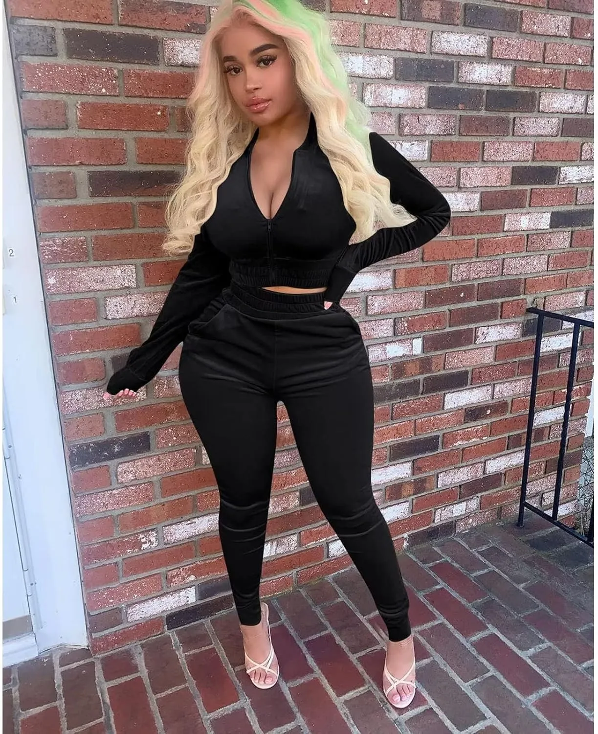 acelyn Womens Velvet Sweatsuit 2 Piece - Sexy V-Neck Zipper Crop Jacket Pockets Jogger Pants Tracksuit Outfits