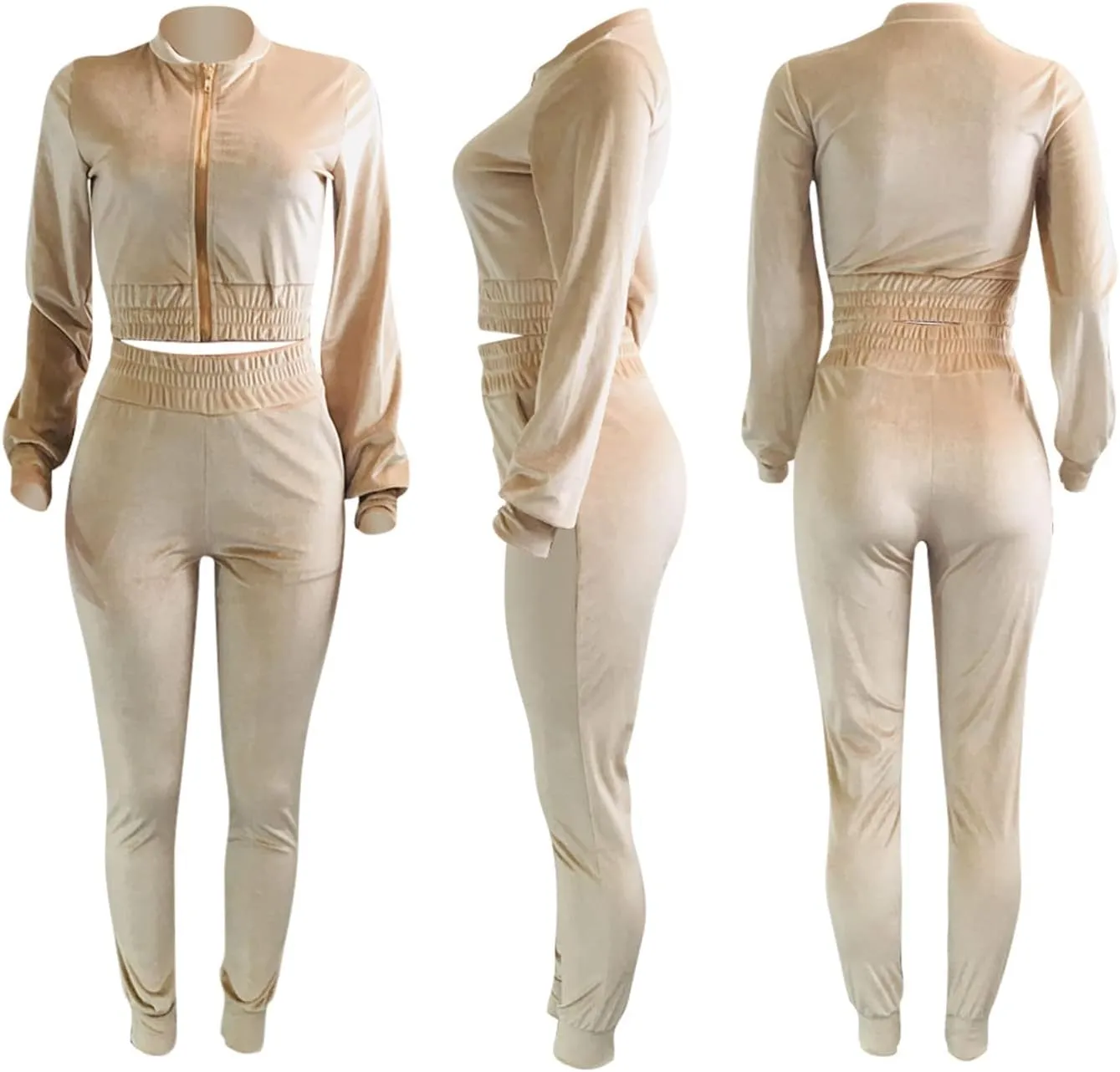 acelyn Womens Velvet Sweatsuit 2 Piece - Sexy V-Neck Zipper Crop Jacket Pockets Jogger Pants Tracksuit Outfits
