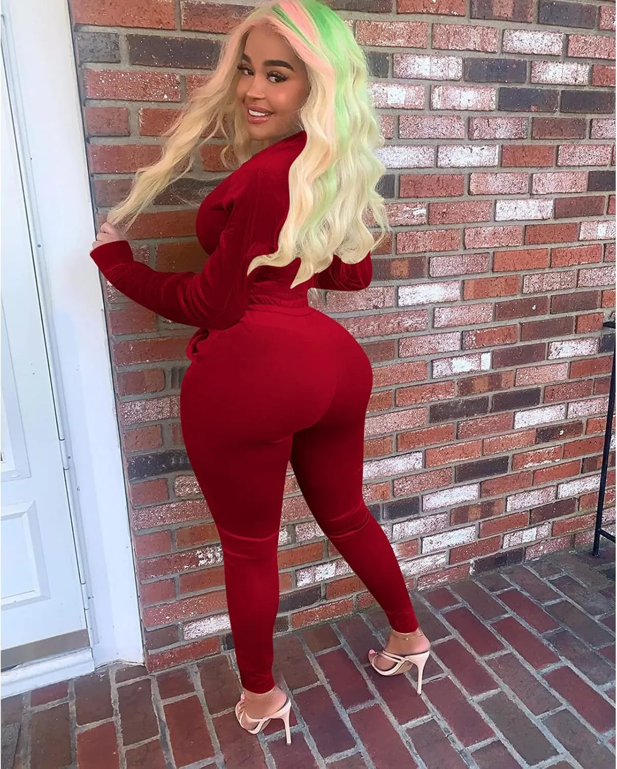 acelyn Womens Velvet Sweatsuit 2 Piece - Sexy V-Neck Zipper Crop Jacket Pockets Jogger Pants Tracksuit Outfits
