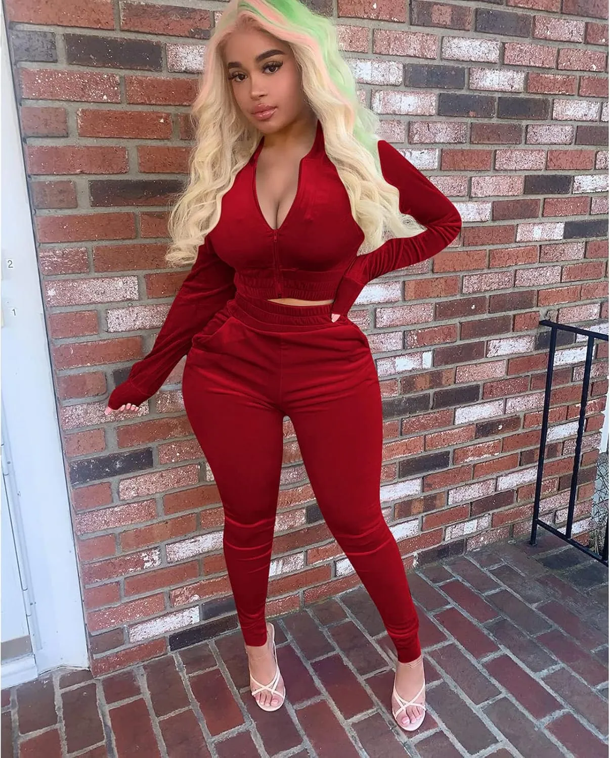 acelyn Womens Velvet Sweatsuit 2 Piece - Sexy V-Neck Zipper Crop Jacket Pockets Jogger Pants Tracksuit Outfits