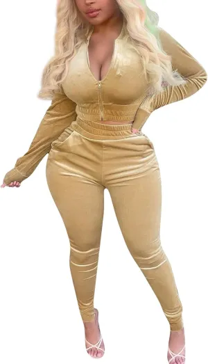 acelyn Womens Velvet Sweatsuit 2 Piece - Sexy V-Neck Zipper Crop Jacket Pockets Jogger Pants Tracksuit Outfits
