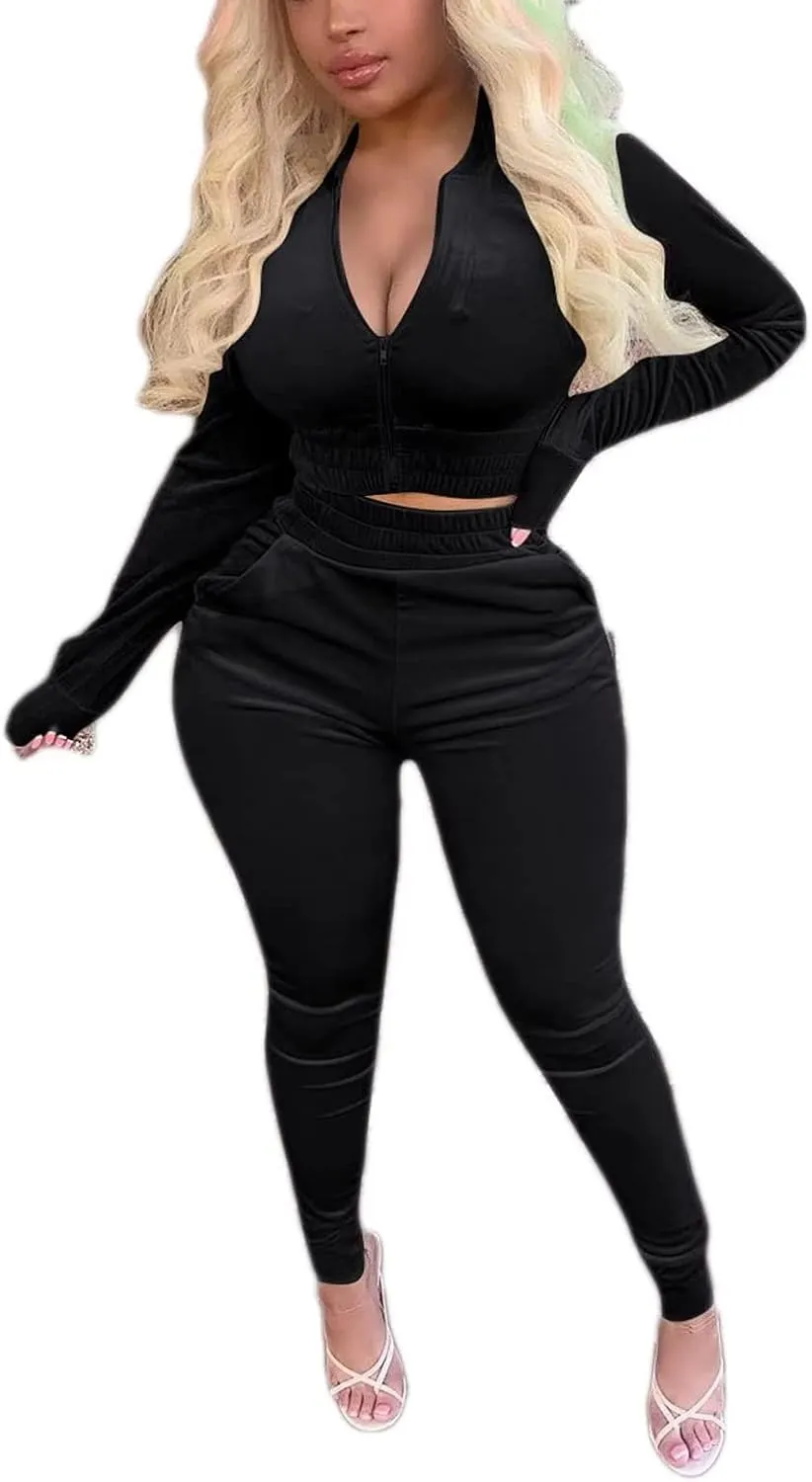 acelyn Womens Velvet Sweatsuit 2 Piece - Sexy V-Neck Zipper Crop Jacket Pockets Jogger Pants Tracksuit Outfits