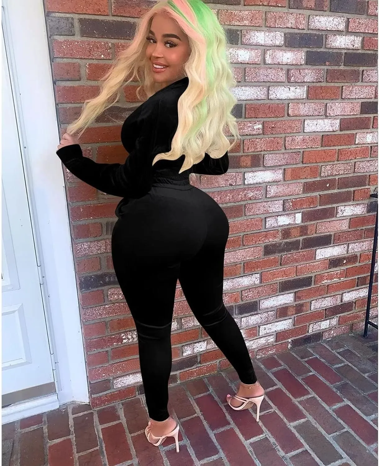 acelyn Womens Velvet Sweatsuit 2 Piece - Sexy V-Neck Zipper Crop Jacket Pockets Jogger Pants Tracksuit Outfits
