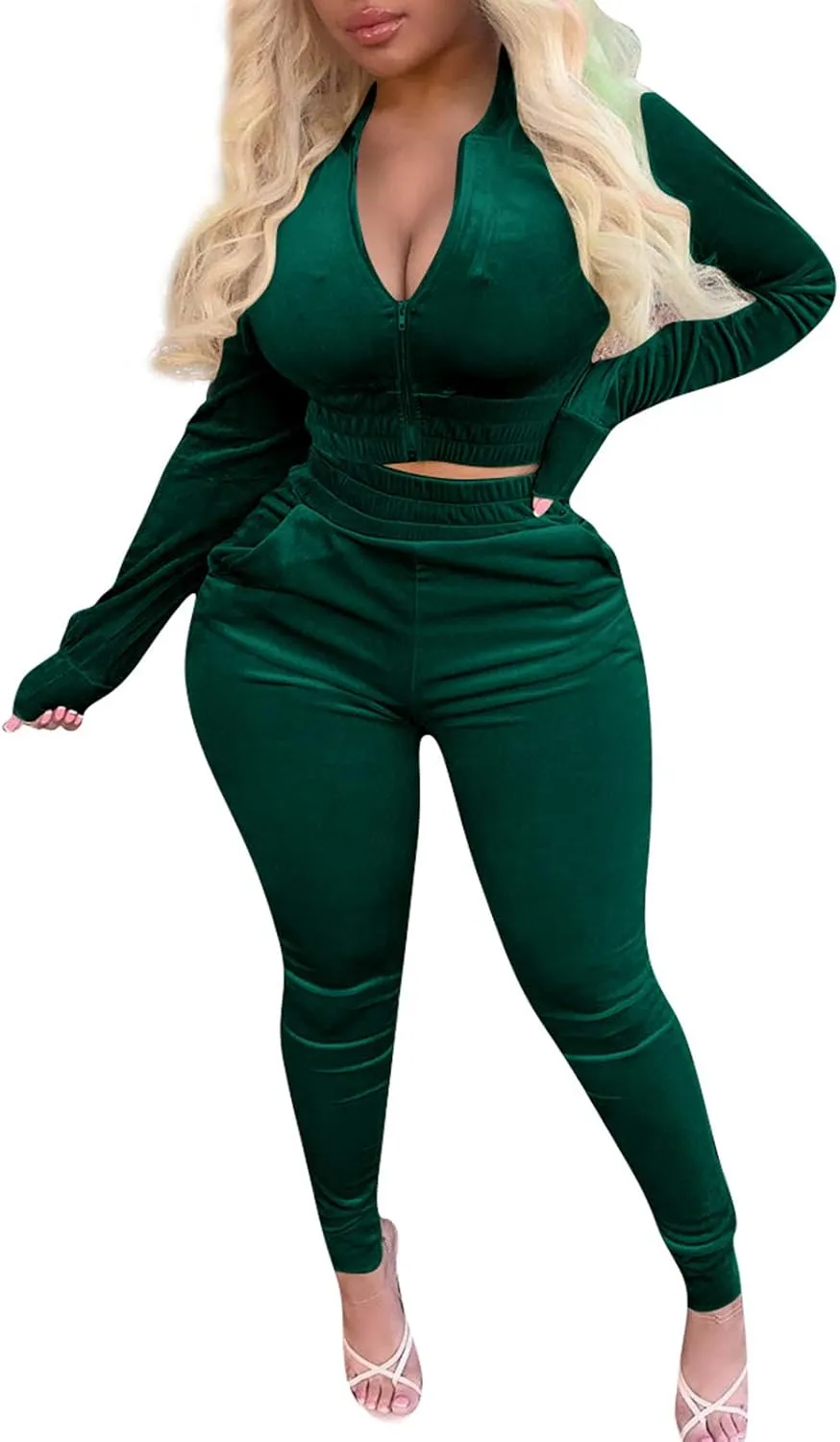 acelyn Womens Velvet Sweatsuit 2 Piece - Sexy V-Neck Zipper Crop Jacket Pockets Jogger Pants Tracksuit Outfits