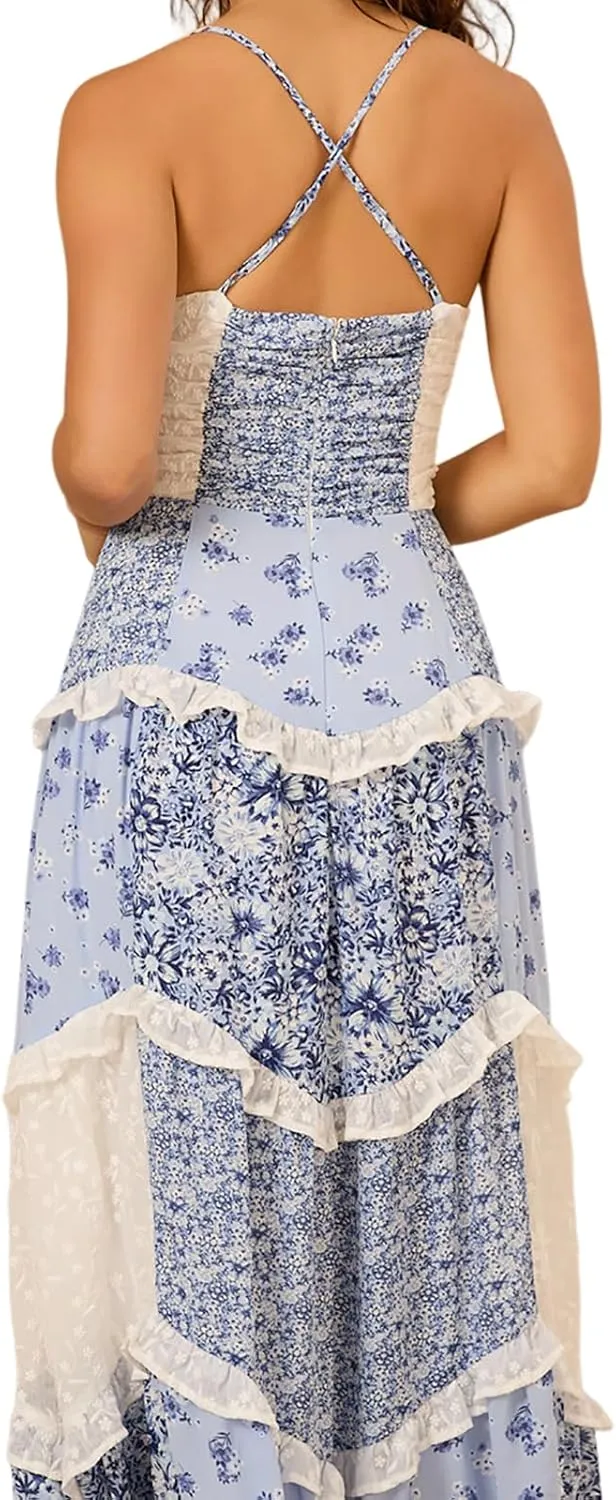 Adernlia Floral Maxi Dress, Adernia Patchwork Floral Maxi Dress Plus Size, V Neck Tiered Ruffle DressWomen