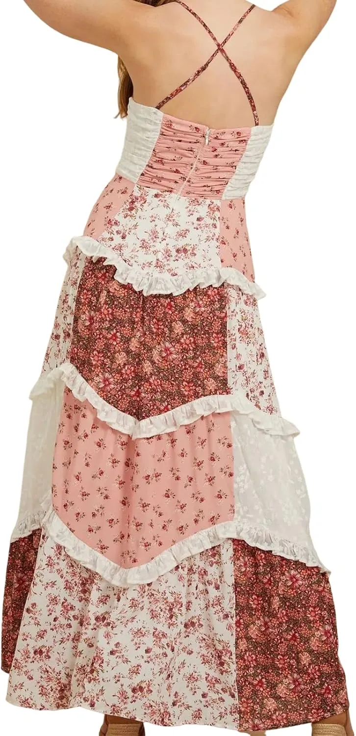 Adernlia Floral Maxi Dress, Adernia Patchwork Floral Maxi Dress Plus Size, V Neck Tiered Ruffle DressWomen