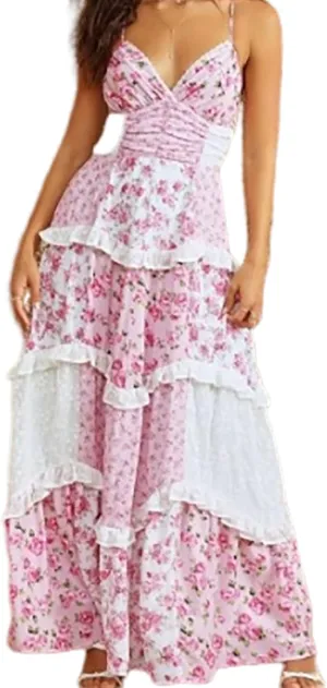 Adernlia Floral Maxi Dress, Adernia Patchwork Floral Maxi Dress Plus Size, V Neck Tiered Ruffle DressWomen