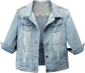AMEBELLE Women's 3/4 Sleeve Strech Distress Slim Crop Denim Jean Trucker Jacket