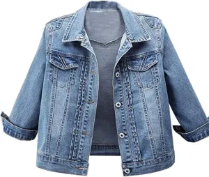 AMEBELLE Women's 3/4 Sleeve Strech Distress Slim Crop Denim Jean Trucker Jacket