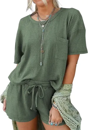 Andeip Pajamas Womens Waffle Knit Lounge Set Short Sleeve Top and Shorts 2 Piece Loungewear Outfits Pj Sets with Pockets