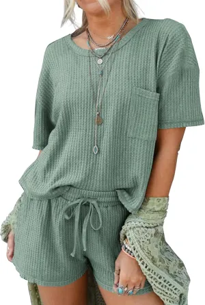 Andeip Pajamas Womens Waffle Knit Lounge Set Short Sleeve Top and Shorts 2 Piece Loungewear Outfits Pj Sets with Pockets