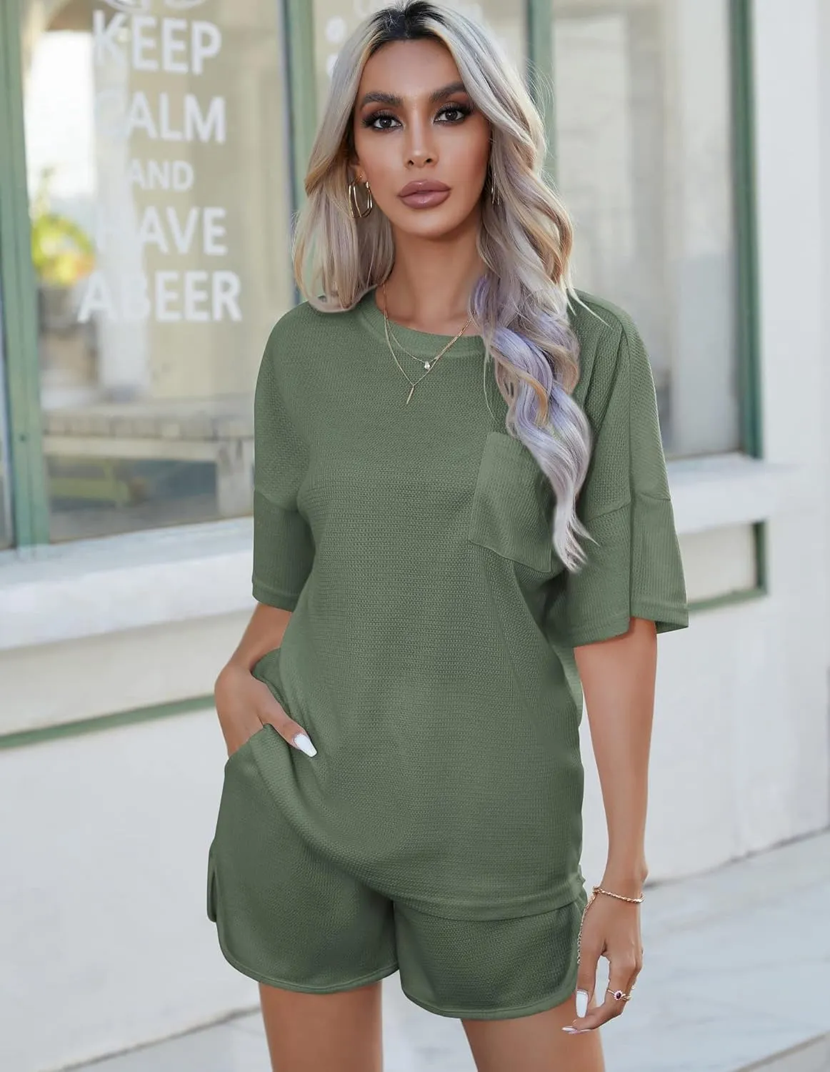 Andeip Pajamas Womens Waffle Knit Lounge Set Short Sleeve Top and Shorts 2 Piece Loungewear Outfits Pj Sets with Pockets
