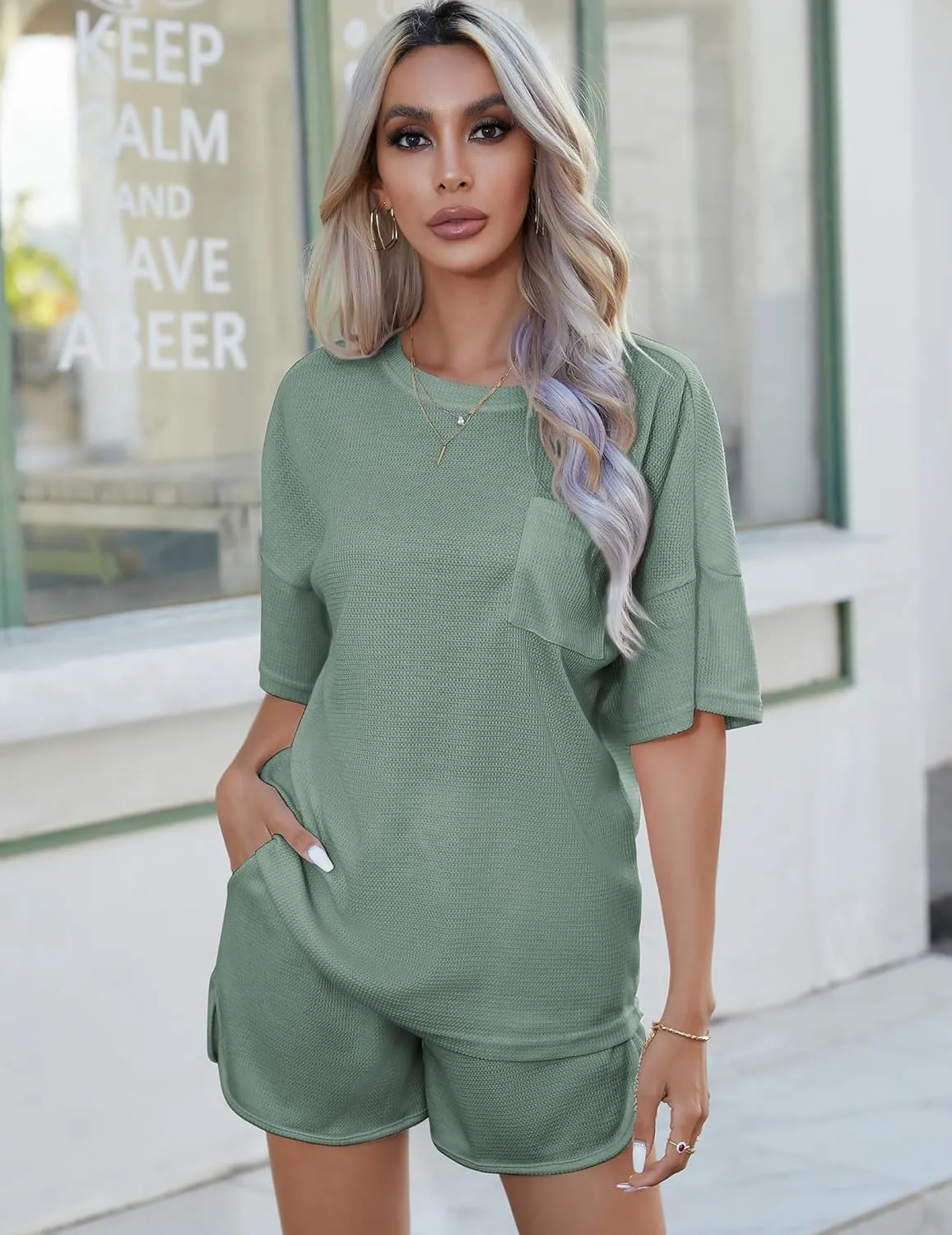 Andeip Pajamas Womens Waffle Knit Lounge Set Short Sleeve Top and Shorts 2 Piece Loungewear Outfits Pj Sets with Pockets