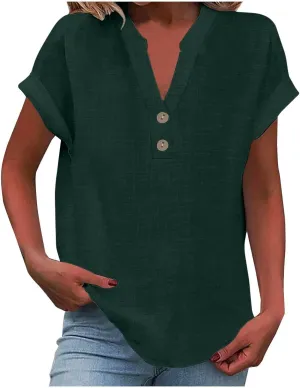 Aniywn Linen Shirts for Women 2025 Summer Casual Button Down V Neck Short Sleeve Tee Tops Comfy Trendy Business Work Blouses
