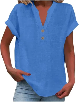 Aniywn Linen Shirts for Women 2025 Summer Casual Button Down V Neck Short Sleeve Tee Tops Comfy Trendy Business Work Blouses