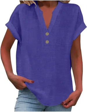 Aniywn Linen Shirts for Women 2025 Summer Casual Button Down V Neck Short Sleeve Tee Tops Comfy Trendy Business Work Blouses