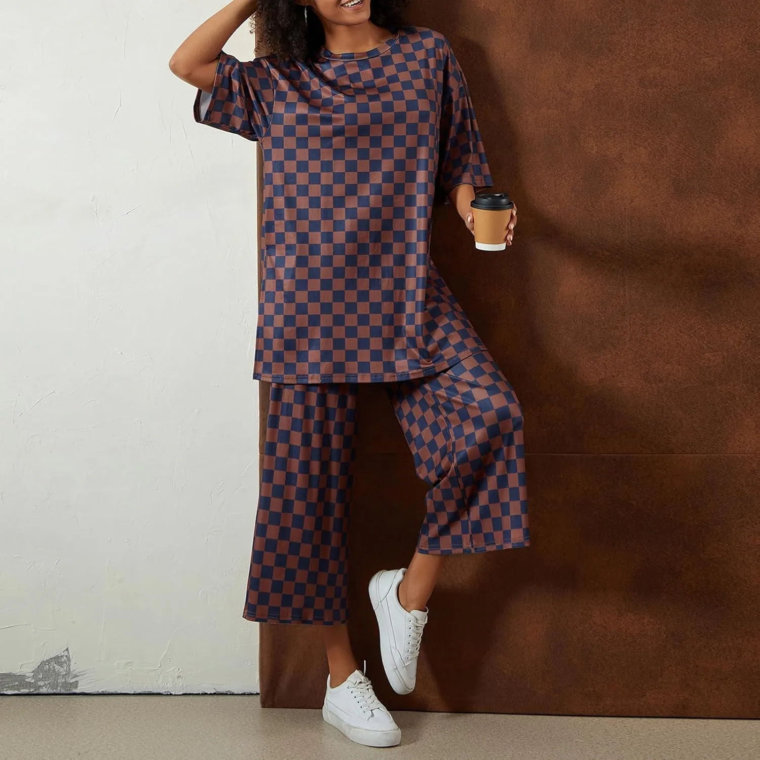 Aonoapll Women Checkered 2 Piece Lounge Set Oversized Short Sleeve Top Gingham Wide Leg Pants Ribbed Y2k Pajama Sets