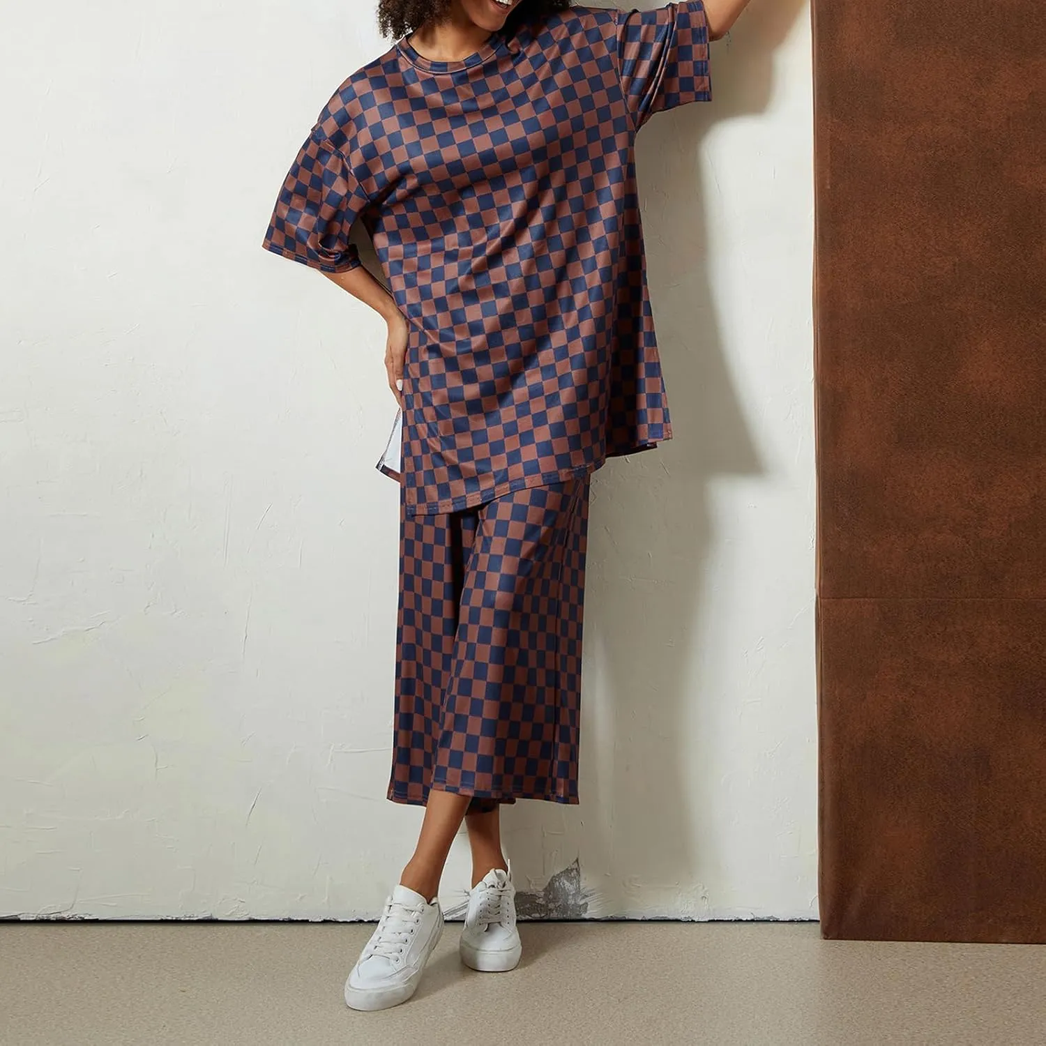 Aonoapll Women Checkered 2 Piece Lounge Set Oversized Short Sleeve Top Gingham Wide Leg Pants Ribbed Y2k Pajama Sets