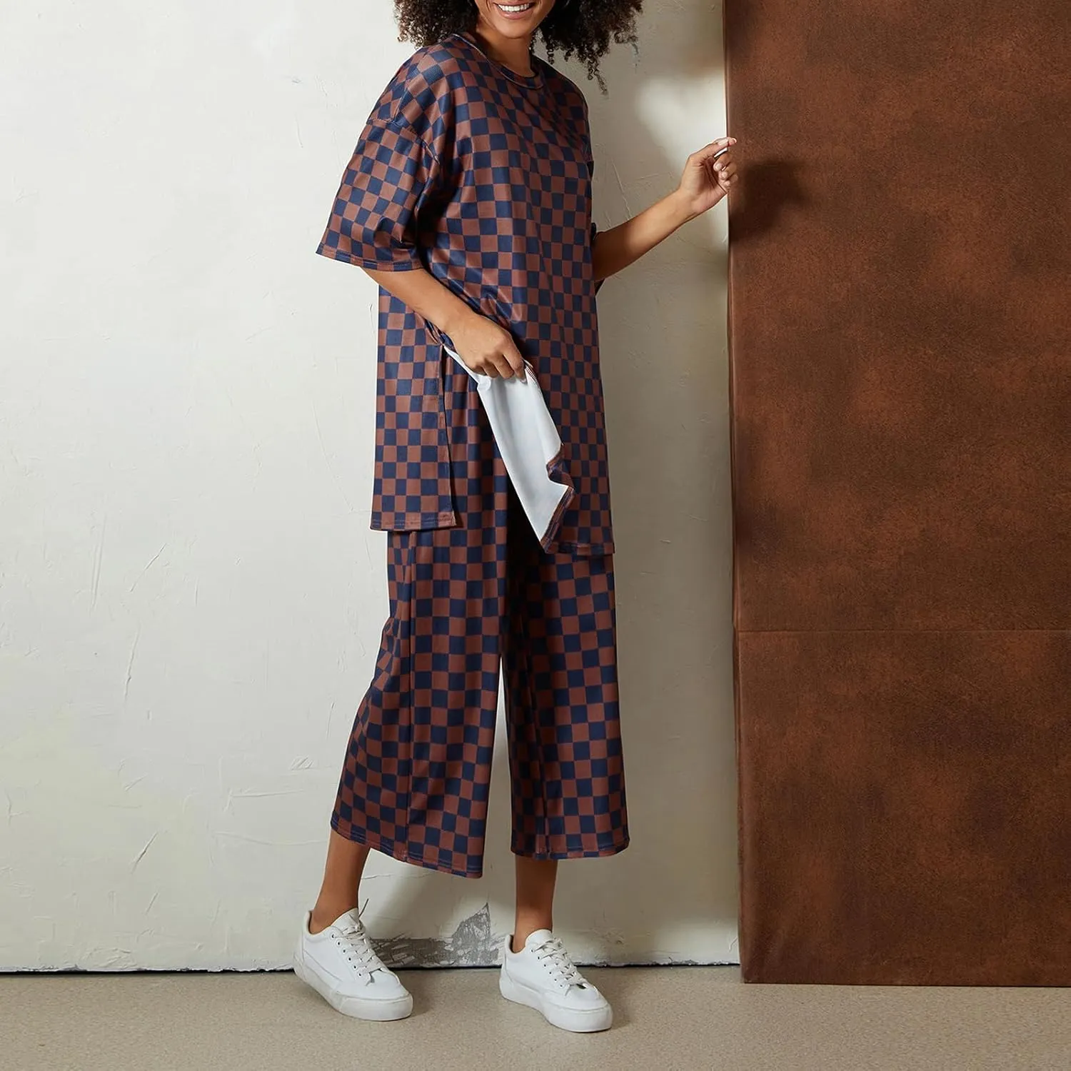 Aonoapll Women Checkered 2 Piece Lounge Set Oversized Short Sleeve Top Gingham Wide Leg Pants Ribbed Y2k Pajama Sets